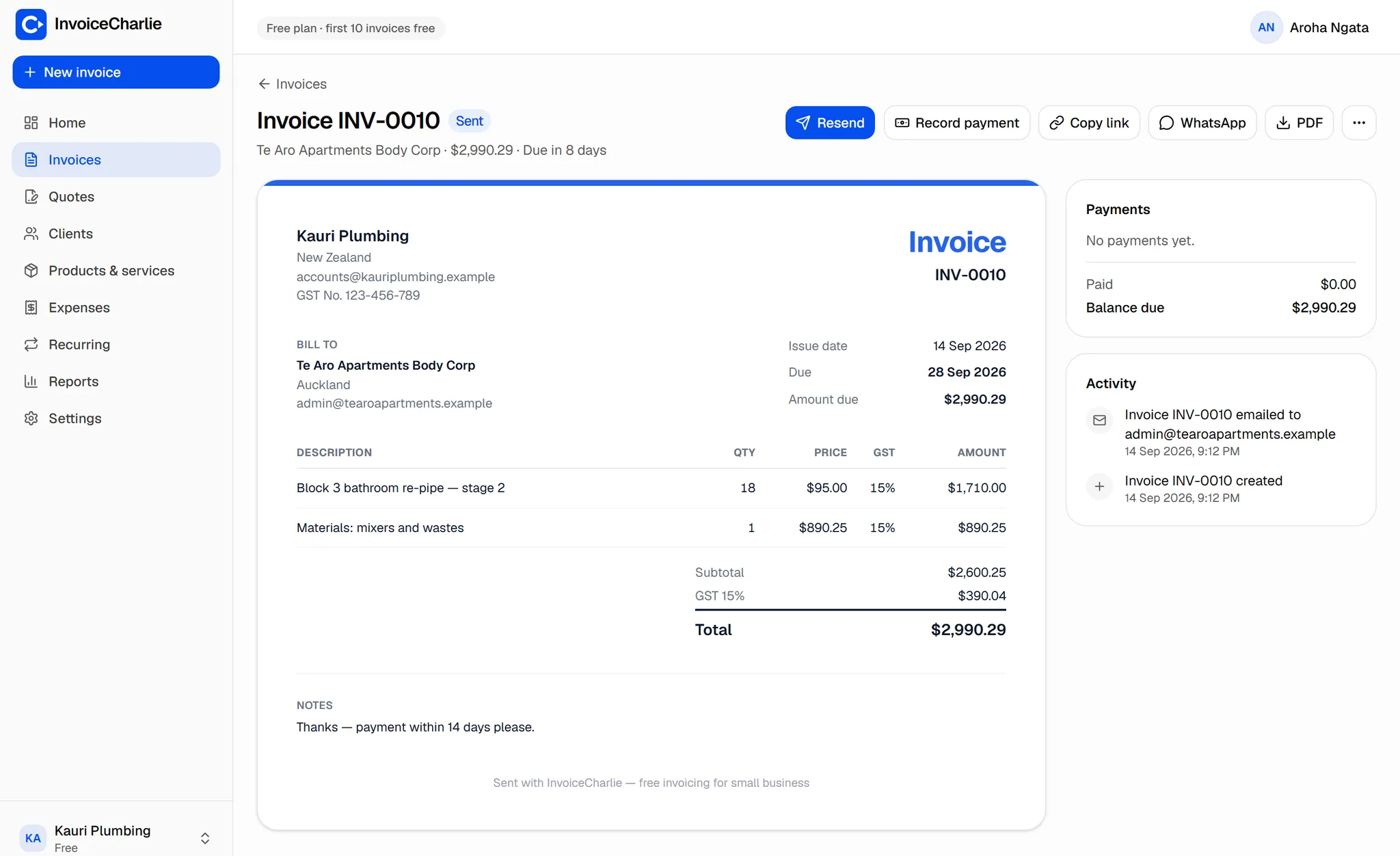 An invoice open in the app, with the payment record, activity timeline and send controls.